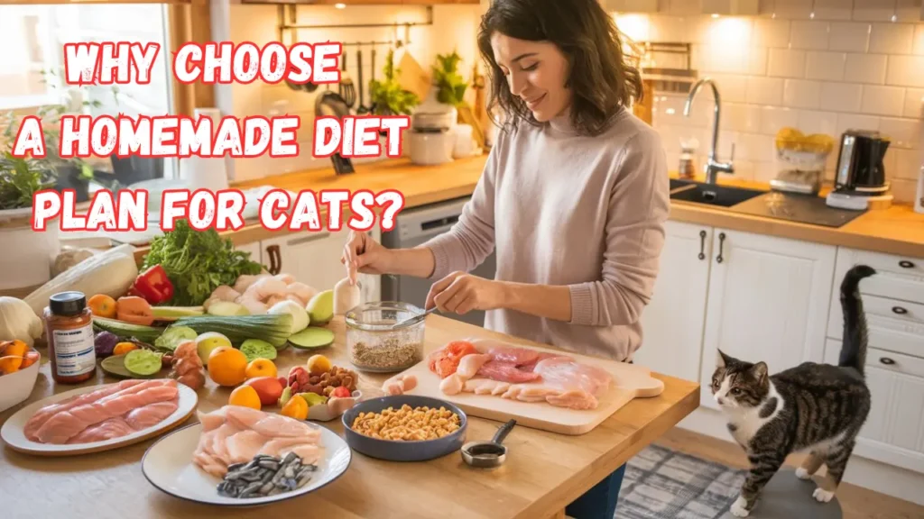 A pet owner preparing a homemade diet plan for cats with fresh ingredients like chicken, fish, and vegetables in a cozy kitchen while a cat waits nearby