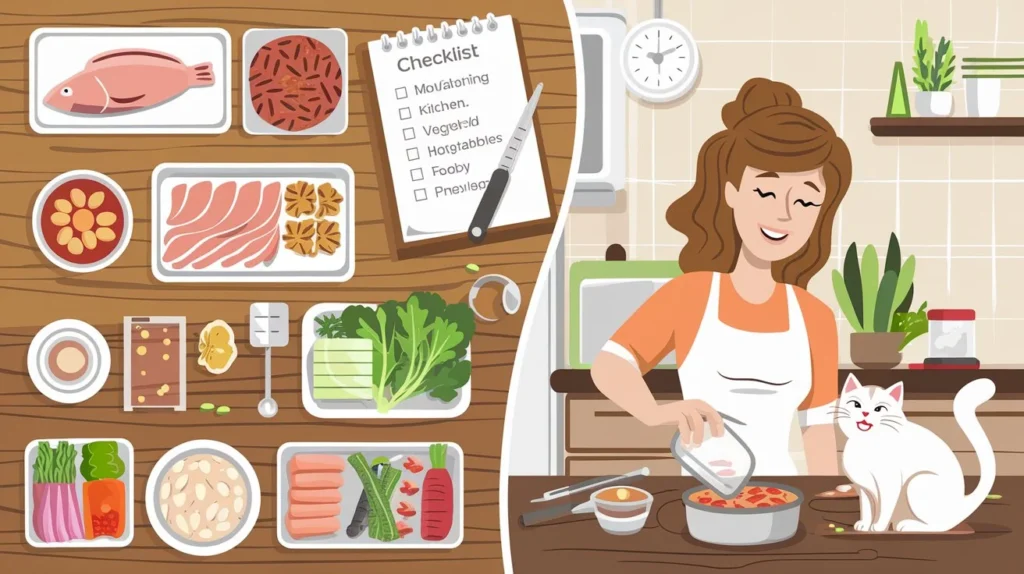 A pet owner preparing a homemade diet plan for cats in a kitchen, with fresh ingredients, a checklist, and a happy cat nearby