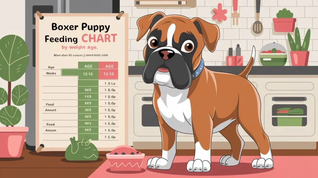 Boxer puppy with a vet pointing to a boxer puppy feeding chart by weight & age, showing why it matters for growth and health.

