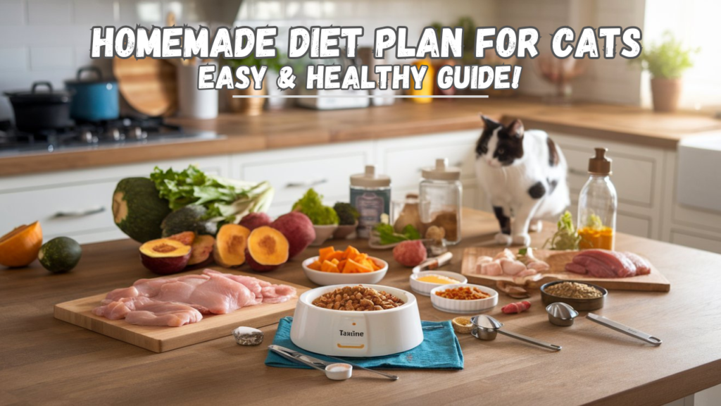 Fresh ingredients for a homemade cat diet including raw chicken, fish, vegetables, and supplements arranged on a kitchen countertop with a cat food bowl.