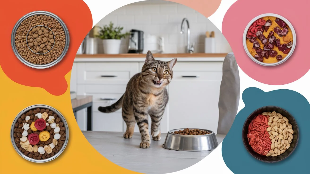 A playful, overweight cat looking curious next to five bowls of different types of cat food, with a vet smiling in the background. Diet Plans for Overweight Cats