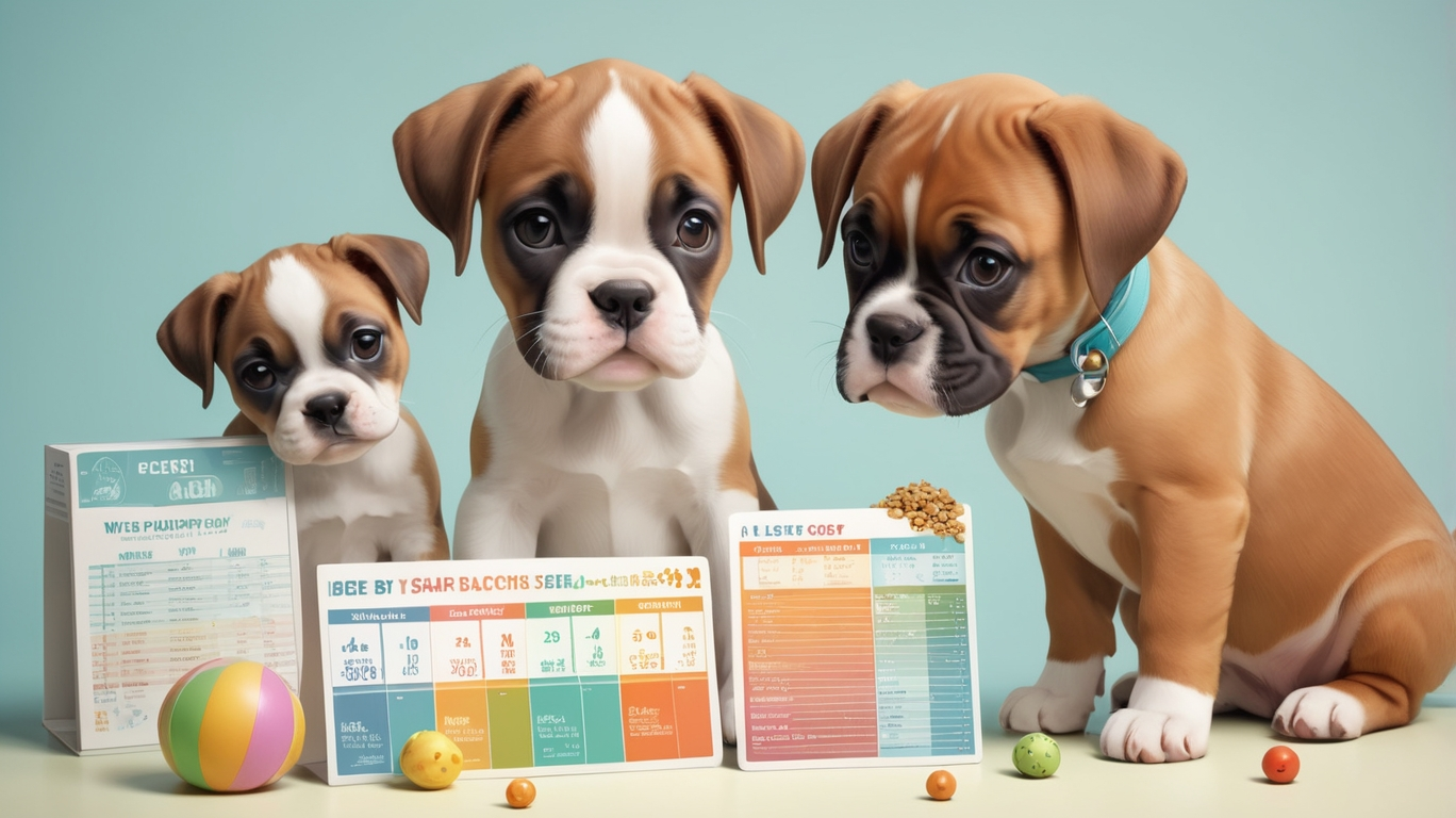 Cute boxer puppy next to a boxer puppy feeding chart by weight & age, showing food amounts in cups for ages 8 weeks to 6 months